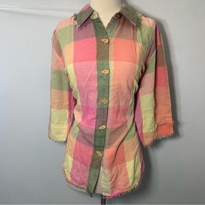 Koret linen blend plaid sprint button down shirt size 16 w